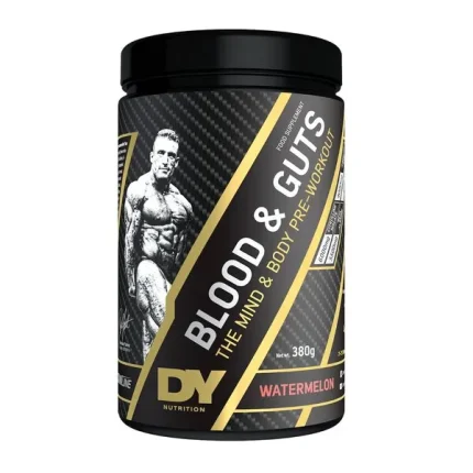 DY Blood & Guts PreWorkout 380g arbuusimaitseline treeningueelne pulber energia ja keskendumise jaoks.