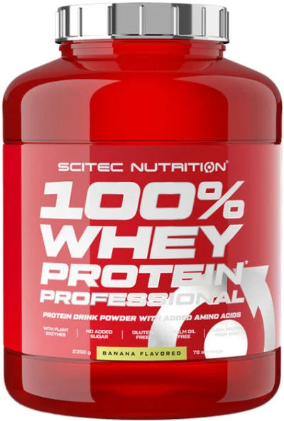 Scitec 100% Whey Protein Professional 2350g banaanimaitseline vadakuvalk intensiivseks lihaste taastumiseks.