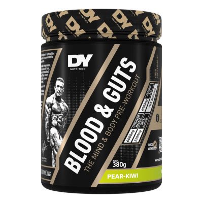 DY Blood & Guts PreWorkout 380g pirni-kiivimaitseline treeningueelne pulber energia ja vastupidavuse jaoks.