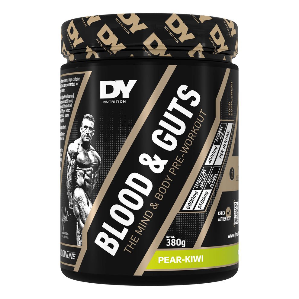 DY Blood & Guts PreWorkout 380g Pirni-Kiivi – energia ja jõu plahvatus treeninguks DY Blood & Guts PreWorkout 380g pirni-kiivimaitseline treeningueelne pulber energia ja vastupidavuse jaoks.