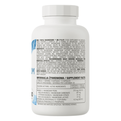 Triple Magnesium + B6 P-5-P 90 capsules
Dietary supplement containing 3 different forms of magnesium and vitamin B6