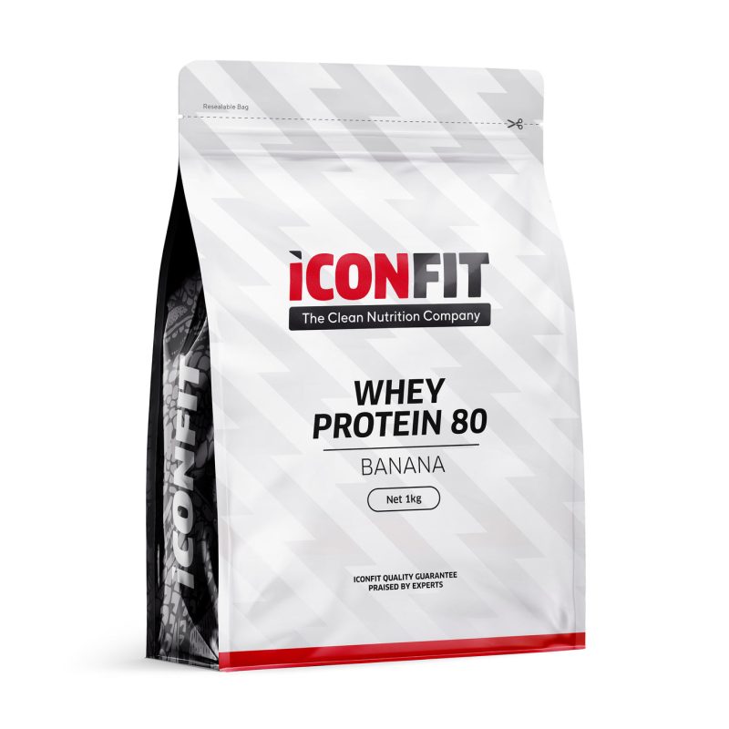 ICONFIT Whey Protein 80 Banaan 1 kg kott kollase banaanimärgisega