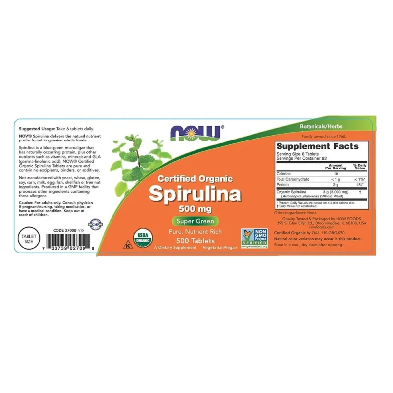 NOW Organic Spirulina 500mg 200tabs