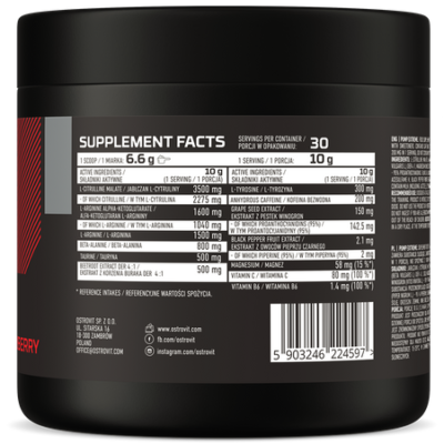 Pump Extreme 300 g strawberry
13-component dietary supplement without added sugar, which contains, a.o. caffeine and AAKG