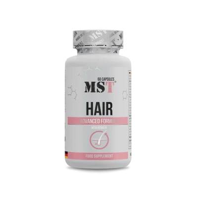MST Hair Advanced Formula 60 caps keratiini ja vitamiinidega juuste tugevdamiseks.