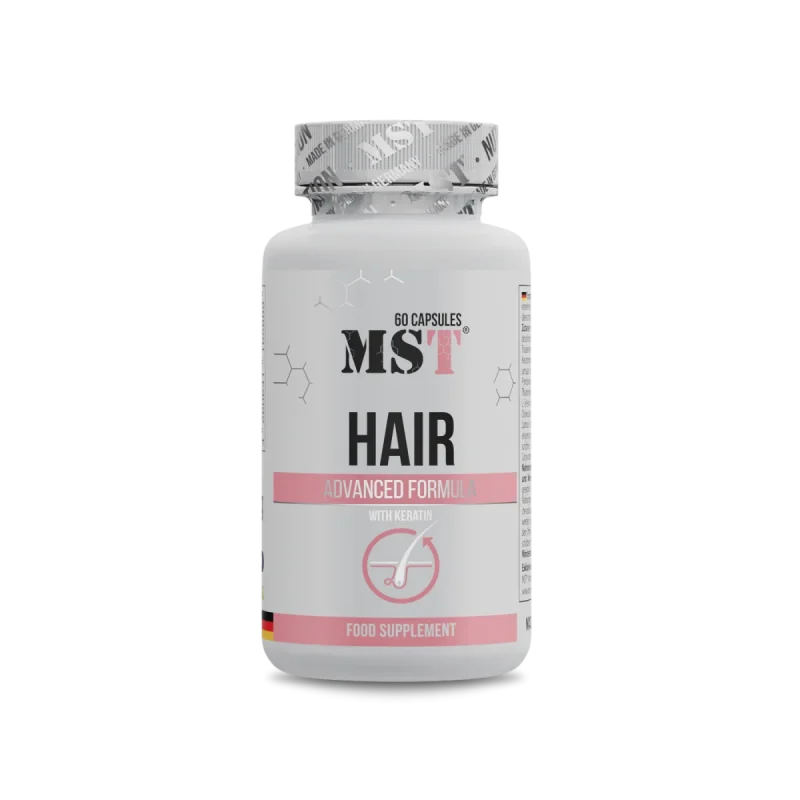 MST Hair Advanced Formula 60 caps keratiini ja vitamiinidega juuste tugevdamiseks.