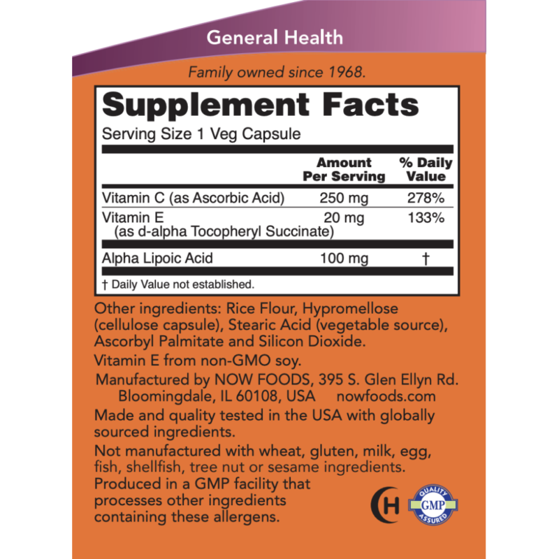 NOW Alpha Lipoic Acid 100mg 60 veg caps