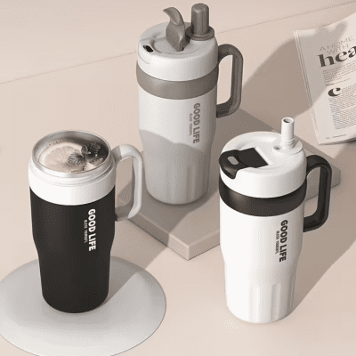 Roostevabast terasest termostass sangaga, topeltseinaga ja kõrrega 720ml beež ja pruun