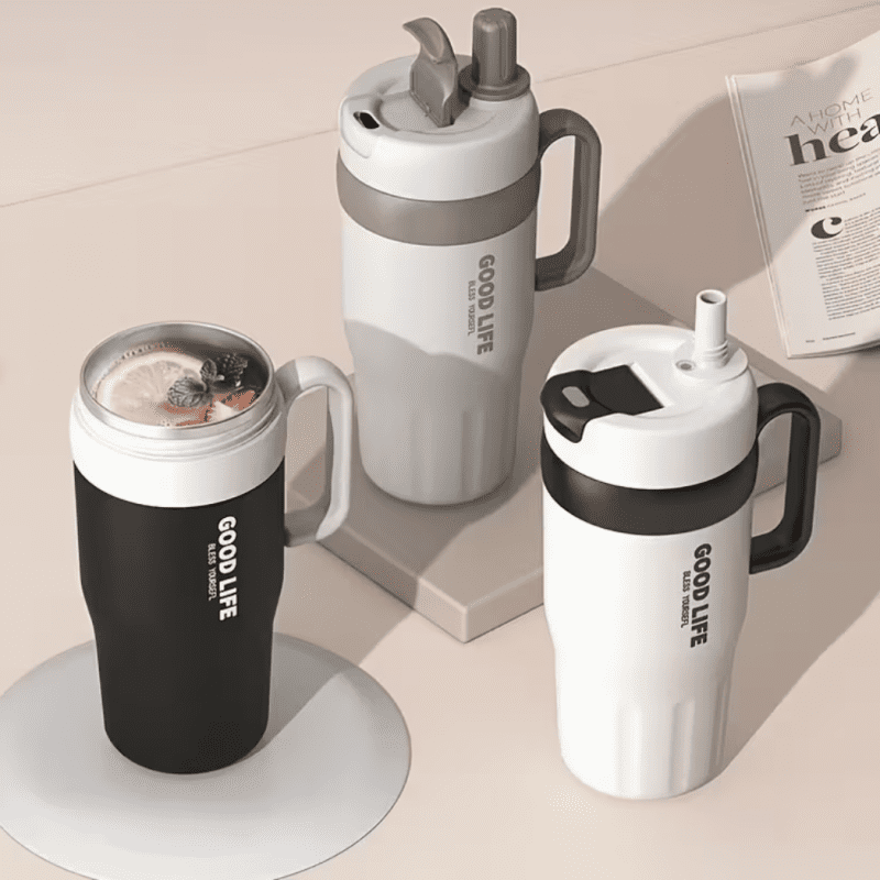 Roostevabast terasest termostass sangaga, topeltseinaga ja kõrrega 720ml beež ja pruun