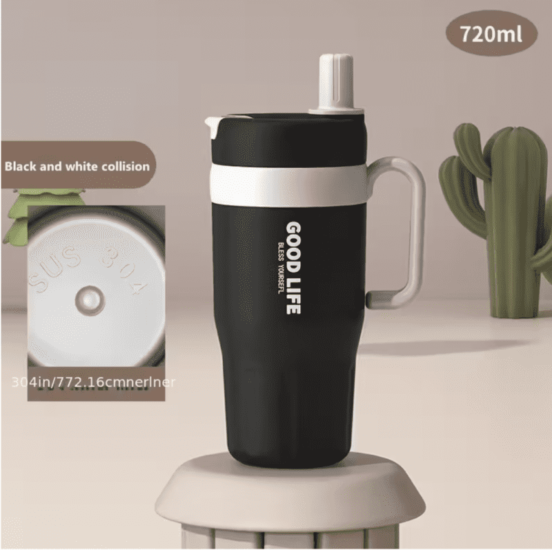 Roostevabast terasest termostass sangaga, topeltseinaga ja kõrrega 720ml must ja beež