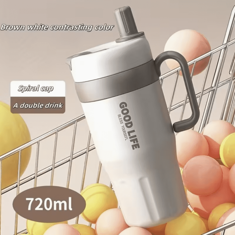 Roostevabast terasest termostass sangaga, topeltseinaga ja kõrrega 720ml beež ja pruun