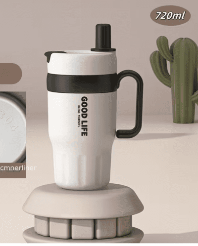 Roostevabast terasest termostass sangaga, topeltseinaga ja kõrrega 720ml beež