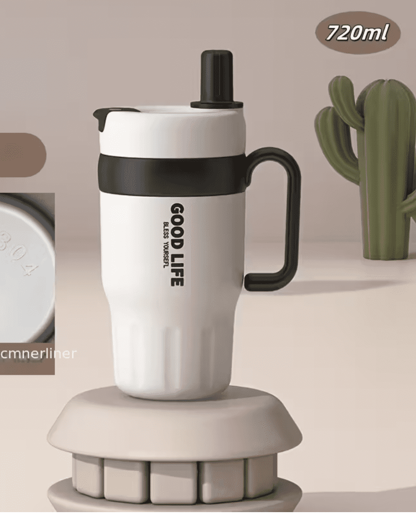 Roostevabast terasest termostass 720ml beež – vastupidav ja stiilne joogitass Roostevabast terasest termostass sangaga, topeltseinaga ja kõrrega 720ml beež