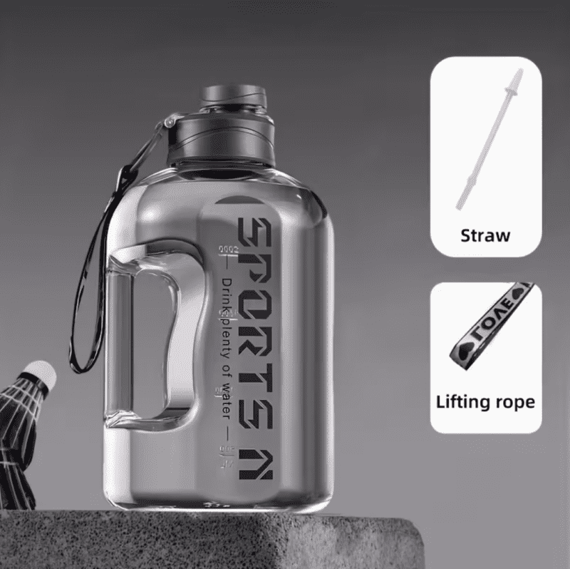 Suur spordiveepudel 1700ml kõrrega – hall joogipudel treeninguks ja igapäevaseks kasutamiseks