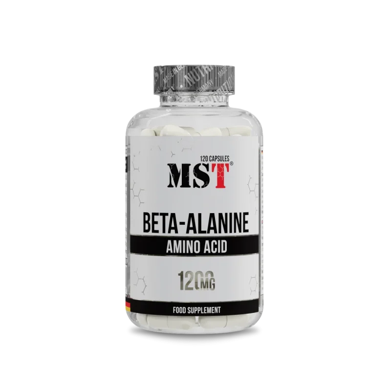 MST Beta-Alanine 1200mg 120 capsules supplement bottle on a white background, sports nutrition