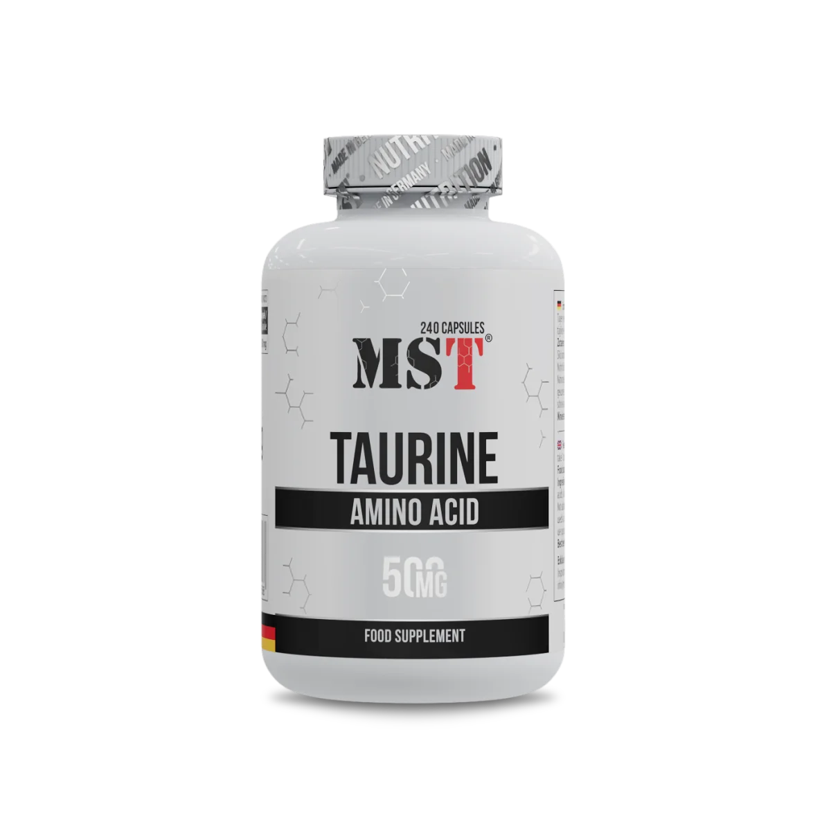 MST Taurine 240caps – IRON DUST MST Taurine 240 capsules supplement bottle on a white background, sports nutrition