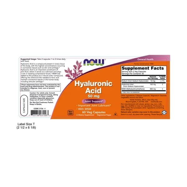 NOW Hyaluronic Acid 50mg + MSM 60caps