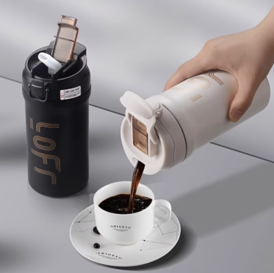 Double-walled stainless steel coffee mug beige 600ml